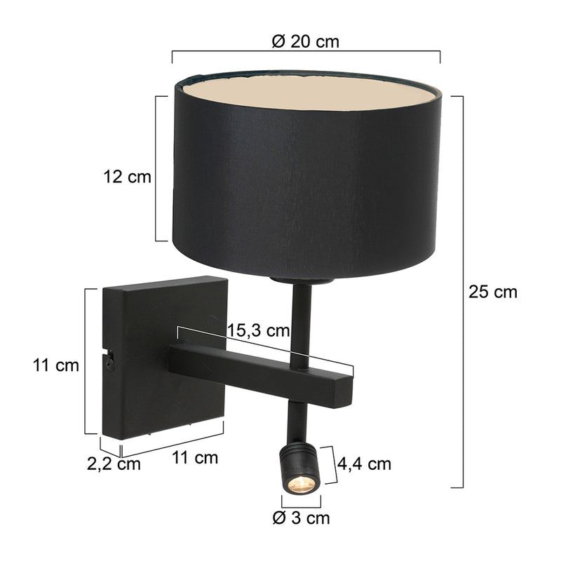 Wandlamp Stang 7193ZW Zwart + Kap Zwart Linnen