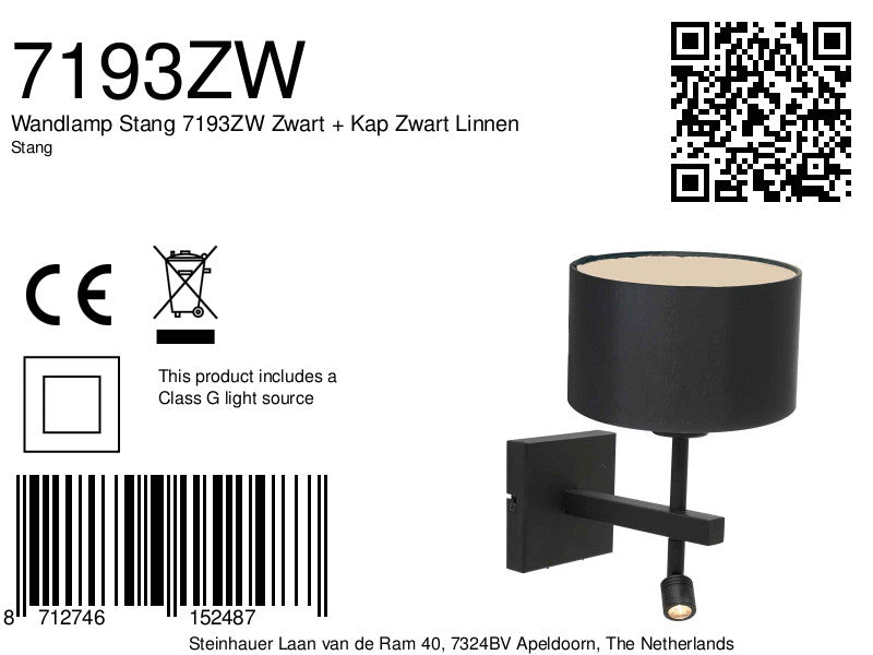 Wandlamp Stang 7193ZW Zwart + Kap Zwart Linnen