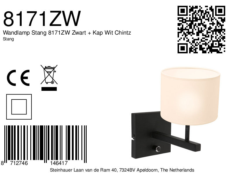 Wandlamp Stang 8171ZW Zwart + Kap Wit Chintz