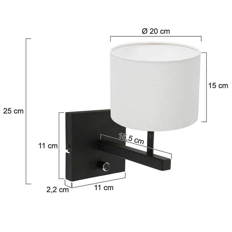 Wandlamp Stang 8173ZW Zwart + Kap Wit Linnen