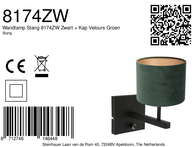 Wandlamp Stang 8174ZW Zwart + Kap Velours Groen