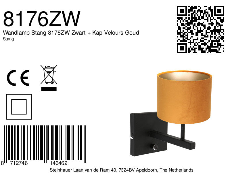 Wandlamp Stang 8176ZW Zwart + Kap Velours Goud