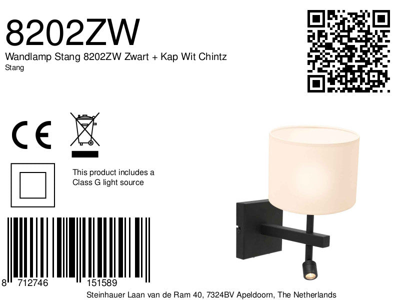 Wandlamp Stang 8202ZW Zwart + Kap Wit Chintz